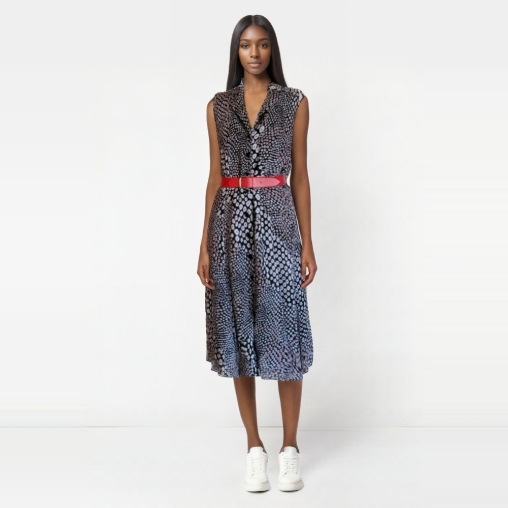 Vintage 80's Black Red and White Abstract Fluted Hem Midi Dress